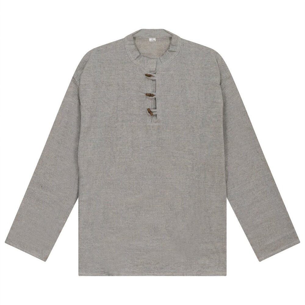 Men casual Shirt Collarless Plain Cotton LongSleeve button boho Top cotton grey